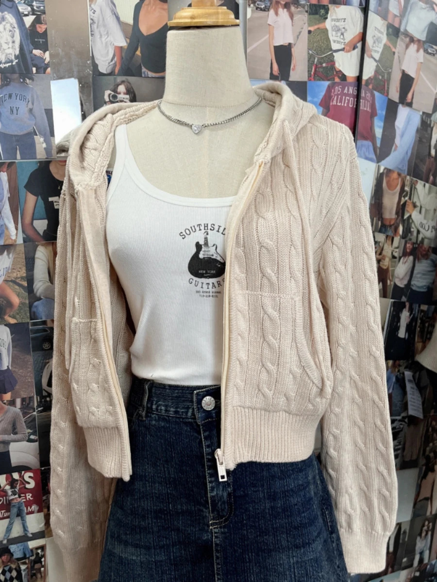 Twisted Flower Knitted Open cardigan Womens Autumn Long sleeved Hoodie Zipper Short Coat Street Clothing Fashion Sweater Y2K Top 240912