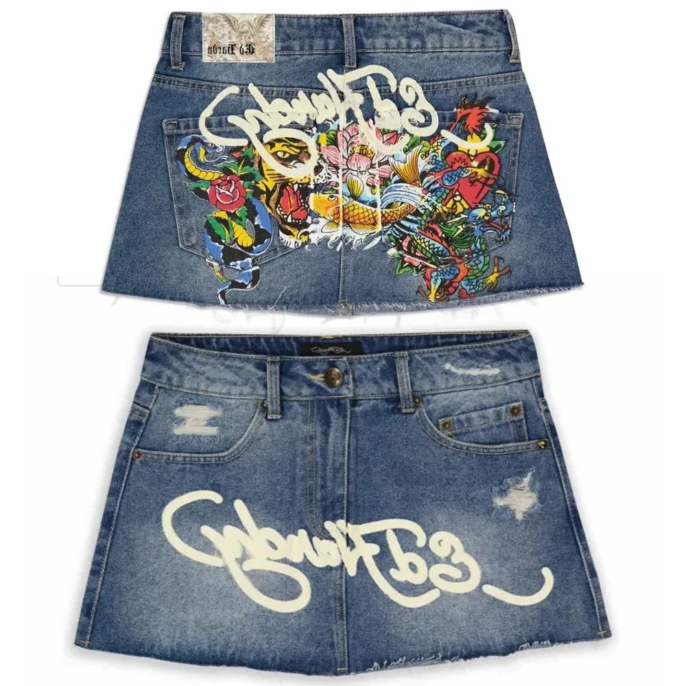 Y2K Streetwear Haruku Gothic Hip Hop Letter Print Blue Denim Women Fashion Retro High Waist Slim Mini Skirt