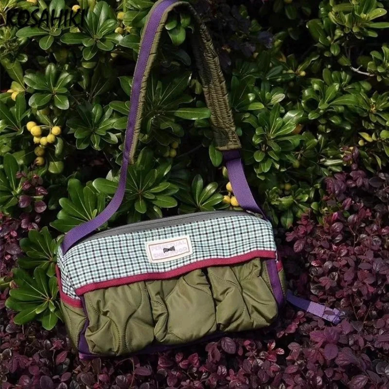 Patchwork Contrast Color Plaid Womens Handbags Vintage Grunge Harajuku Shoulder Bag Fashion Y2k Aesthetic Casual Crossbody Bags 240904