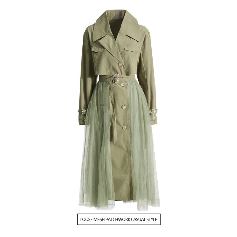 SuperAen Autumn Trench Coat Womens Loose Mesh Splicing Casual Fashion High Waist Long Coat 240911