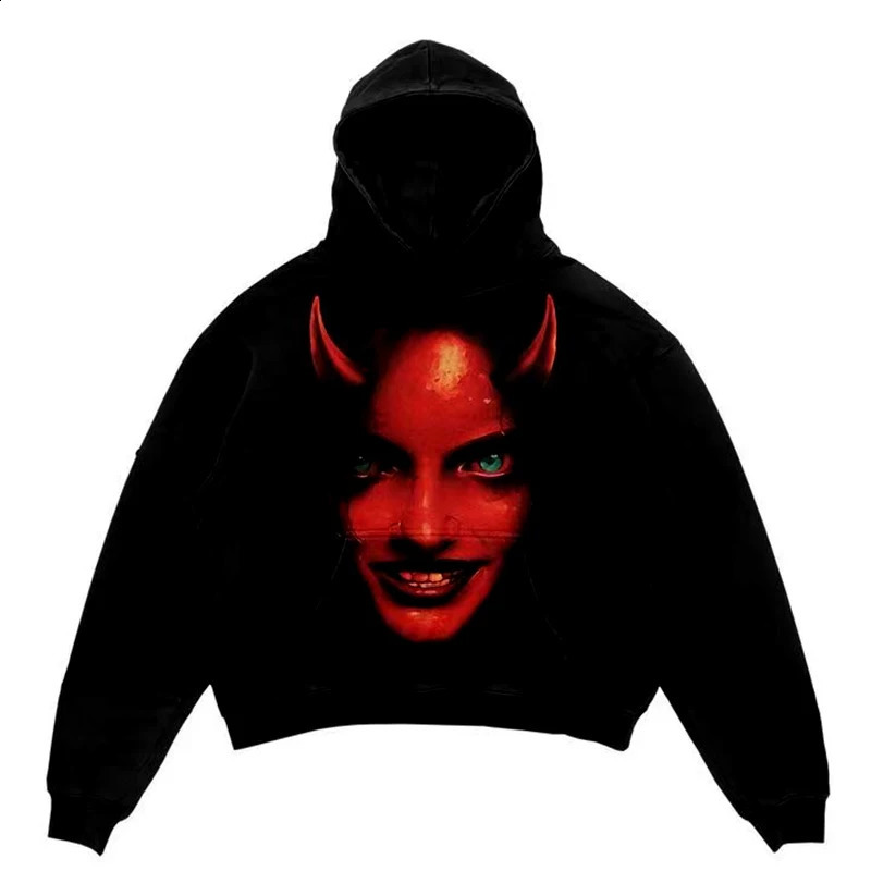 2000s Vintage Mens Streetwear Portrait Comic Print Long Sleeve Oversized Hoodies Y2K Gothic Harajuku Pullovers Sport Clothes 240911