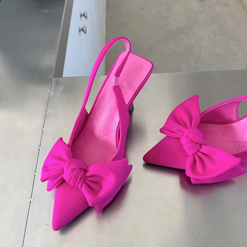 Summer Brand Women Sgback Sandals Heeled Fashion Bow-knot Pointed Toe Slip on Ladies Elegant Dress Pumps Shoes
