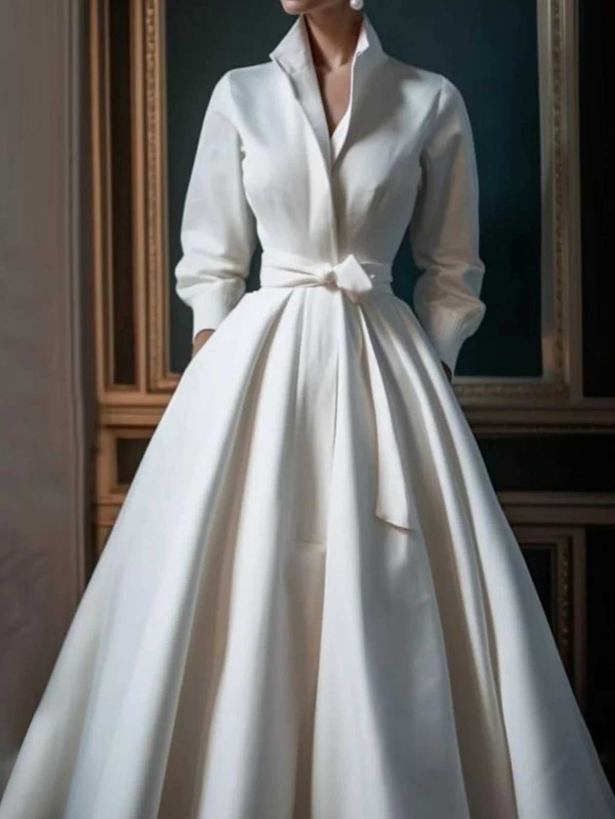 Elegant Womens Dress Casual Solid Color Stand Collar Shirt Mid-Length Waisted Evening Party Dress Womens Long Dress 2024X240912