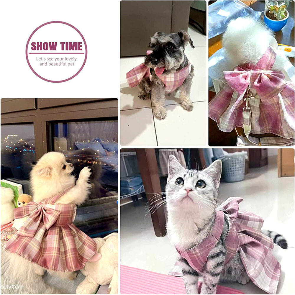 Plaid Dog Dress Bow Tie Harness Leash Set for Small Dogs Cats Girl Cute Princess Dog Dress Puppy Bunny Rabbit Clothes Pet Outfit