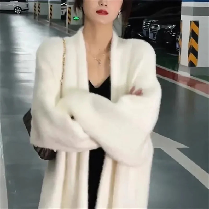 High Quality Soft Style Knitted Sweater Jacket For Womens Autumn And Winter Vintage Long Blue Pink Faux Mink Cardigan