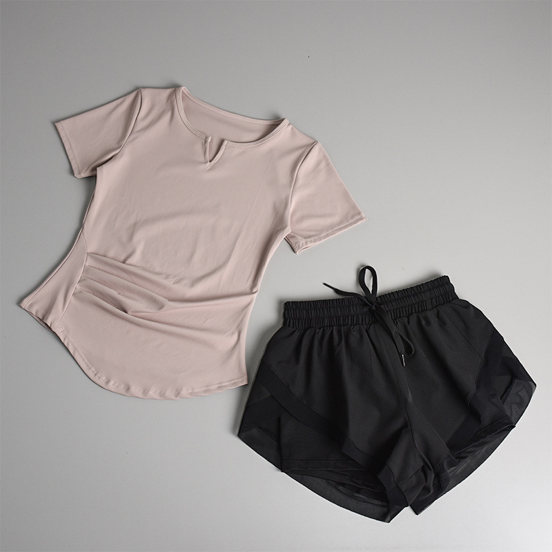 Fitness set for women, summer quick drying short sleeved sexy morning running training sportswear, professional high-end fashionable yoga clothes