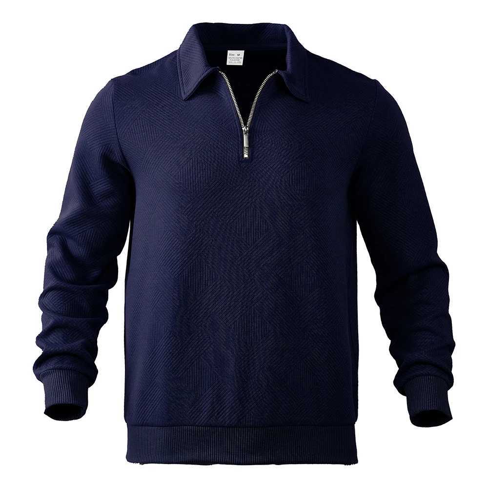 Daily Casual Solid Color Jacquard Sweatshirt Mens Autumn Vintage Lapel Zipper Polo Shirts Men Fashionable Long Sleeve PulloversX2409