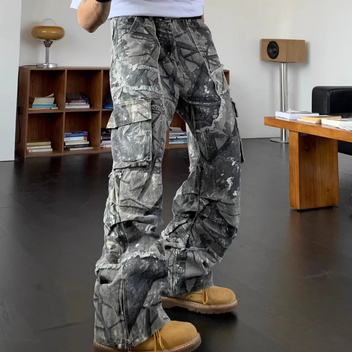 American hiphop fashion camouflage high waisted cargo pants mens multi pocket straight runner wide leg backpack Trouser 240912