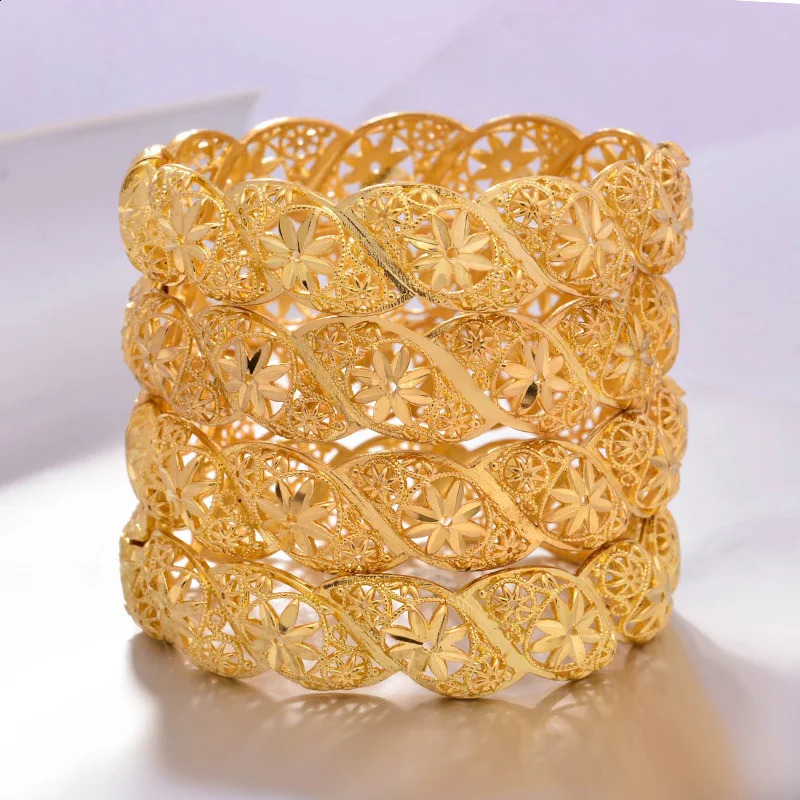 4 pieces/batch Ethiopian African Gold Bracelets Womens Flower Bridal Bracelets African Wedding Jewelry Middle East Project 240911