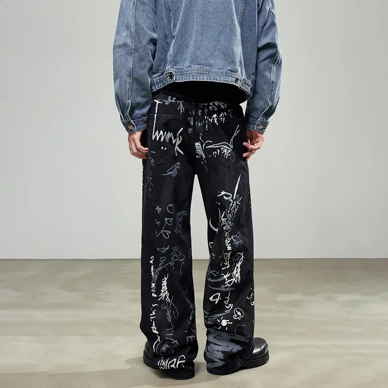 American Street Hip Hop Graffiti Print Jeans Men Streetwear Loose Casual Wide Leg Denim Trousers Baggy Jeans Pants Women 240910