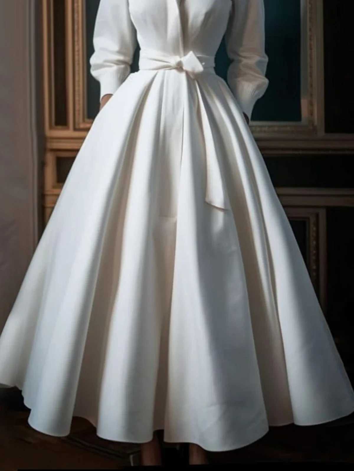 Elegant Womens Dress Casual Solid Color Stand Collar Shirt Mid-Length Waisted Evening Party Dress Womens Long Dress 2024X240912