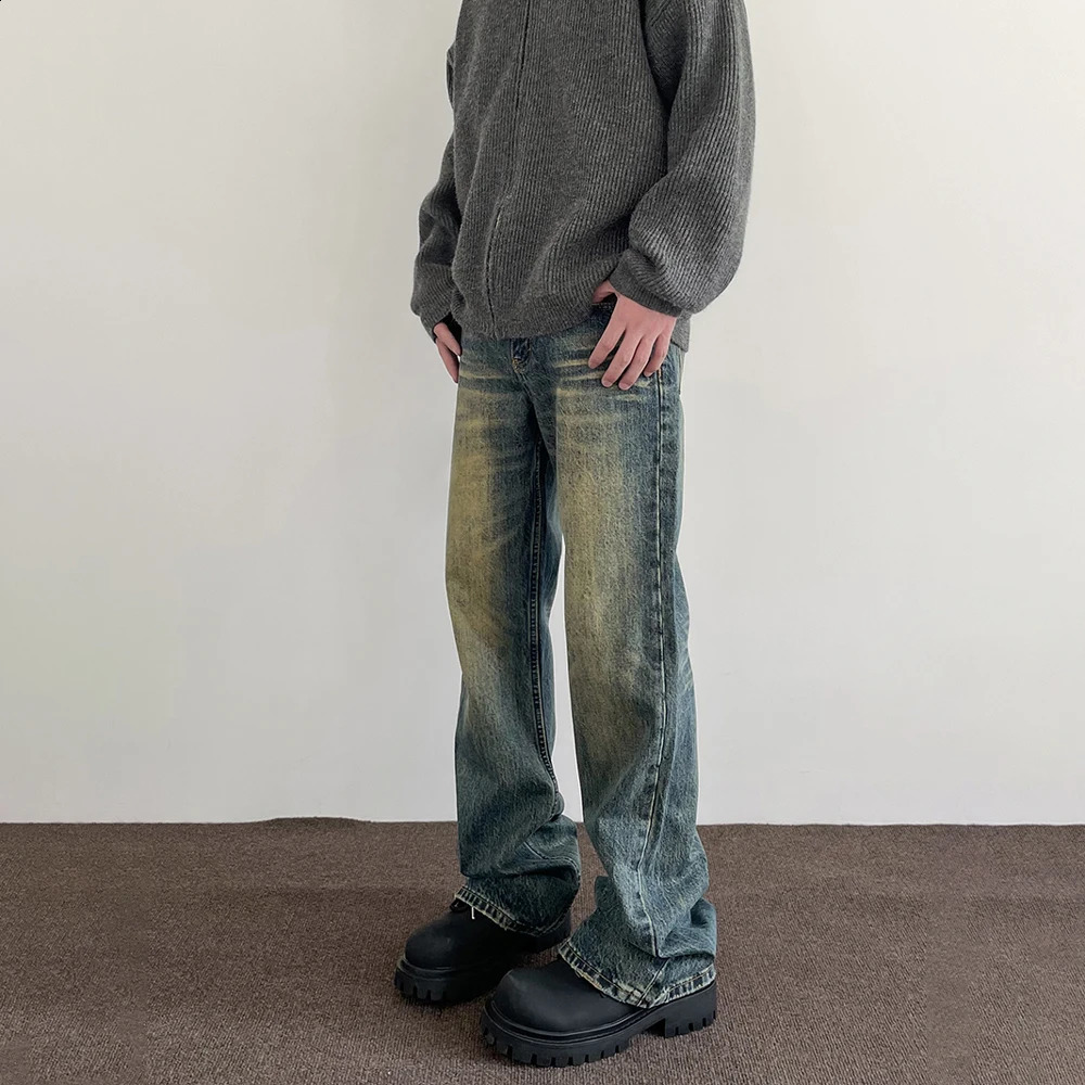 Jeans Men Streetwear Y2k Vintage Blue Distressed Casual Fashion Street Trousers Straight-leg Autumn Winter Flared Denim Pants 240911