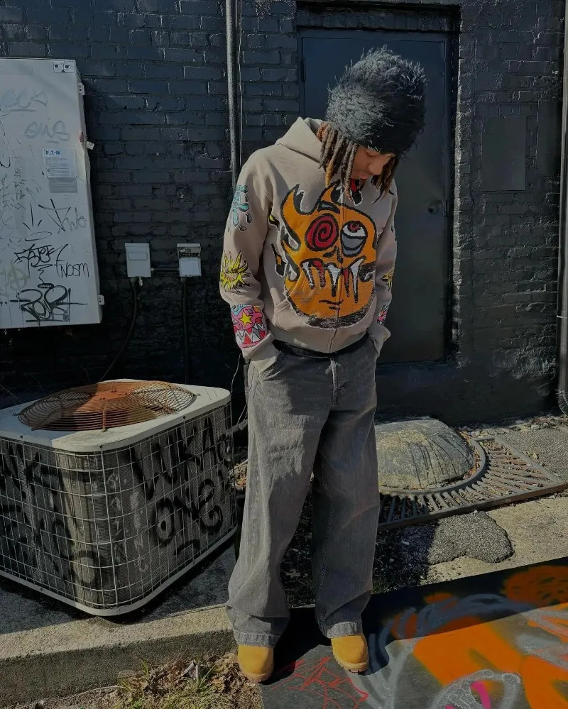 American Gothic trendy letter pattern printed oversized hoodie mens Y2K fashion Harajuku all-match loose zipper sweatshirt 240911