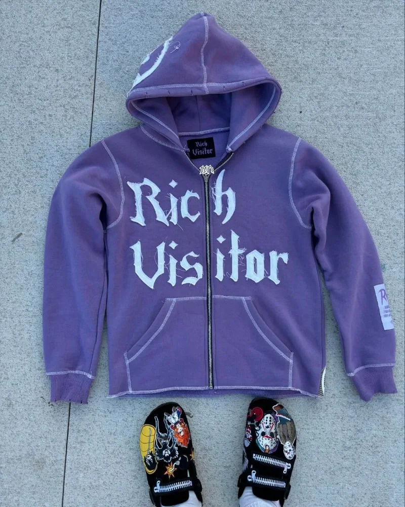 American Street Retro Letter Embroidery Oversized Hoodie Men Y2k Goth Punk Hip Hop Fashion Anime Print Zipper Sweatshirt Women 240906