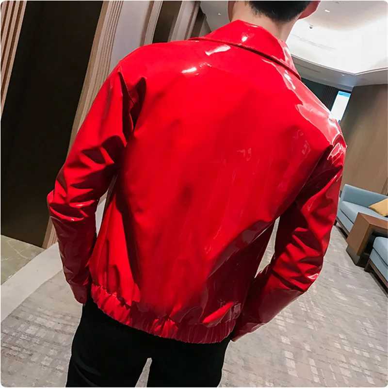 Shiny leather jacket mens stage costume red black brown nightclub mens leather jacket solid color ultra-thin mens jacket Coats W240912