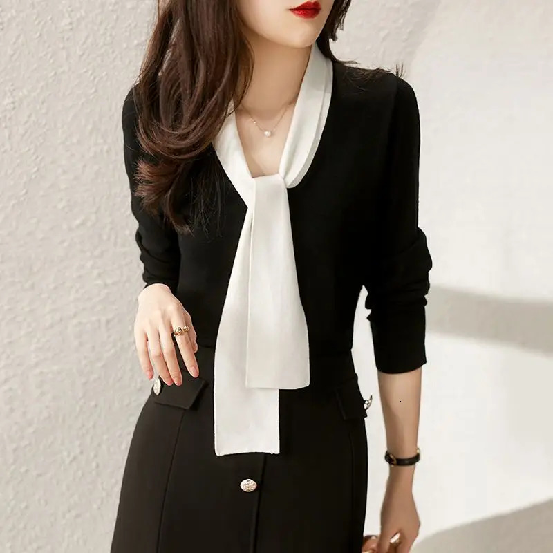 Elegant V-Neck Spliced Loose Lace Up Blouse Women's Clothing Autumn Oversized Casual Pullovers All-match Office Lady Shirt LJ49