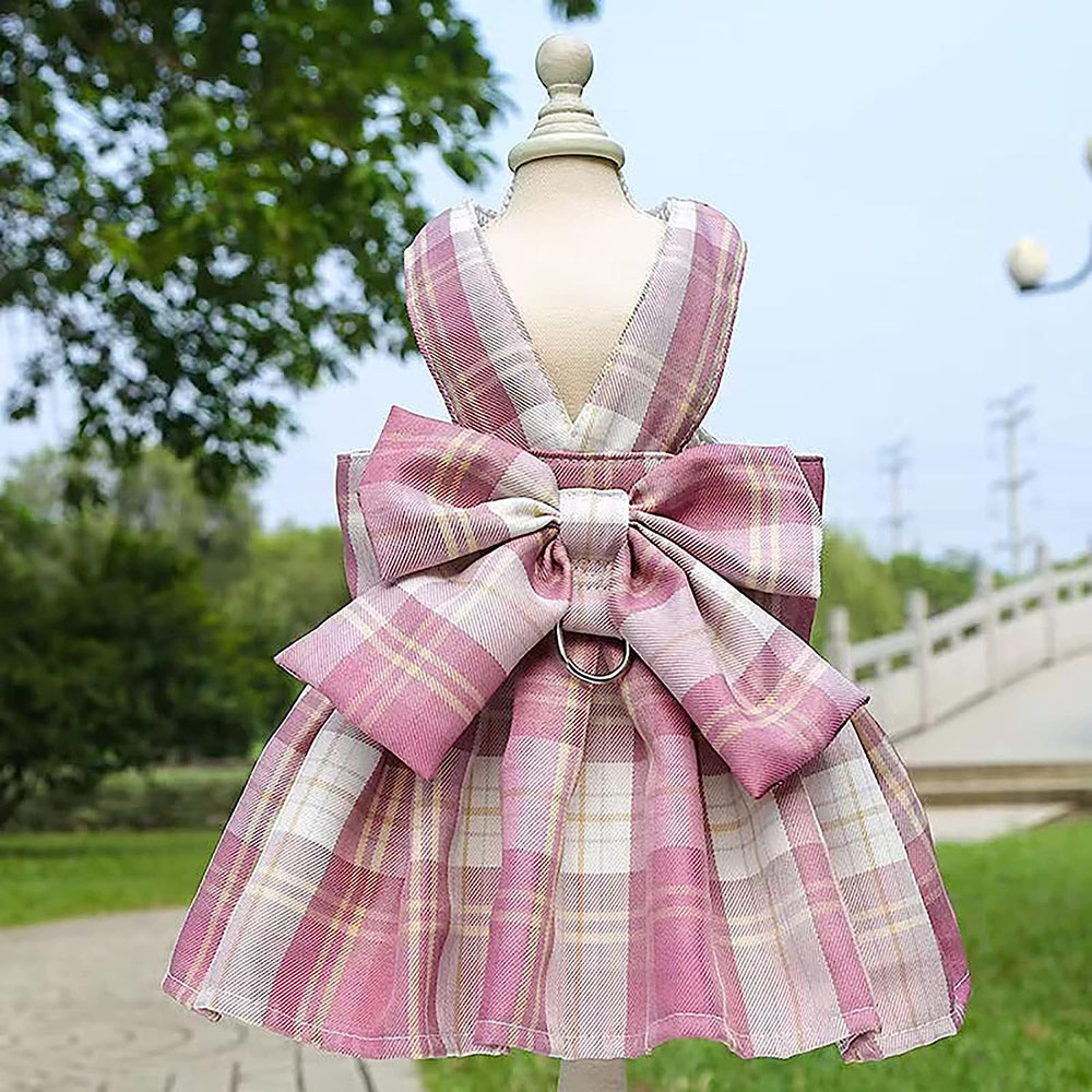 Plaid Dog Dress Bow Tie Harness Leash Set for Small Dogs Cats Girl Cute Princess Dog Dress Puppy Bunny Rabbit Clothes Pet Outfit