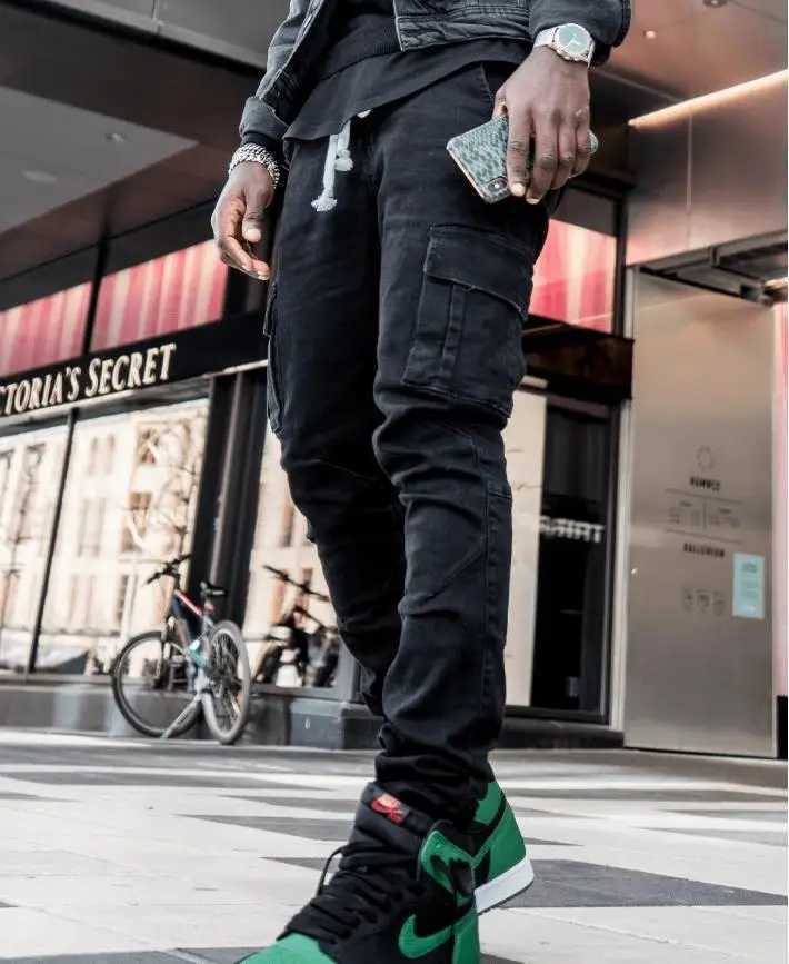 Mens jeans pencil pants cargo denim solid ankle length wash pocket mid waist leather case slim stretchy high street 2024 W240912