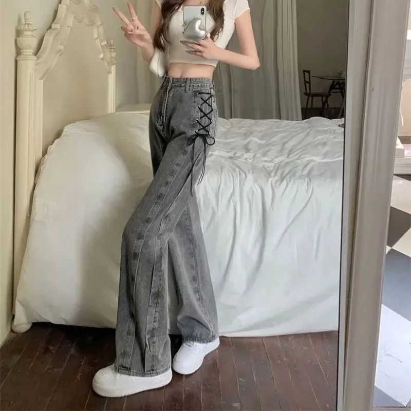 Design niche lace jeans for women in spring and summer 2024 featuring loose waist straight high street and popular wide leg pants W24091165476