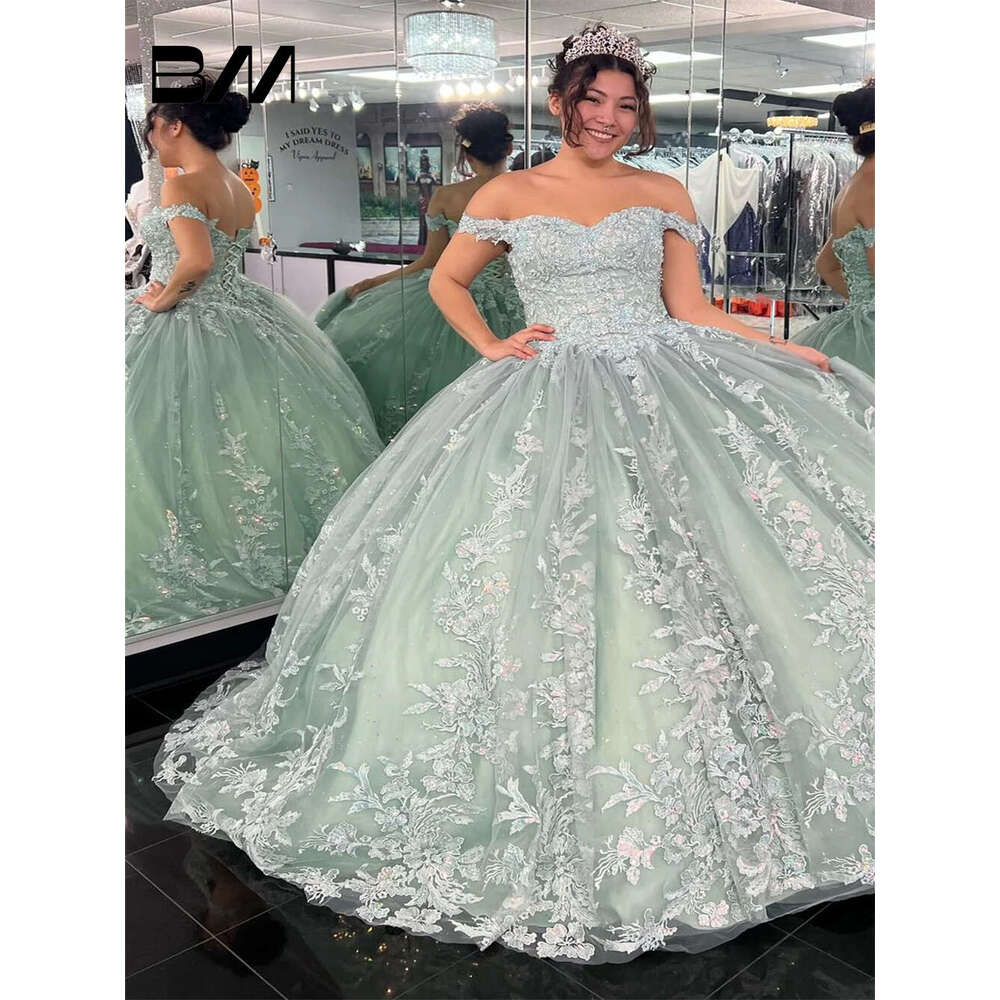 Mint Ral Quinceanera Dress Off Shoulder Dress, Sweet 15 16 Ball Sweetheart Tulle Women Party Gown Tail Dresses