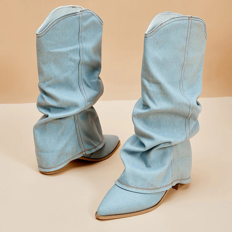 Pleated Block Heels Denim Boots for Women Autumn Pointed Toe Women High Knee Boots Plus Size Fashion Cowboy Woman Boots 240911