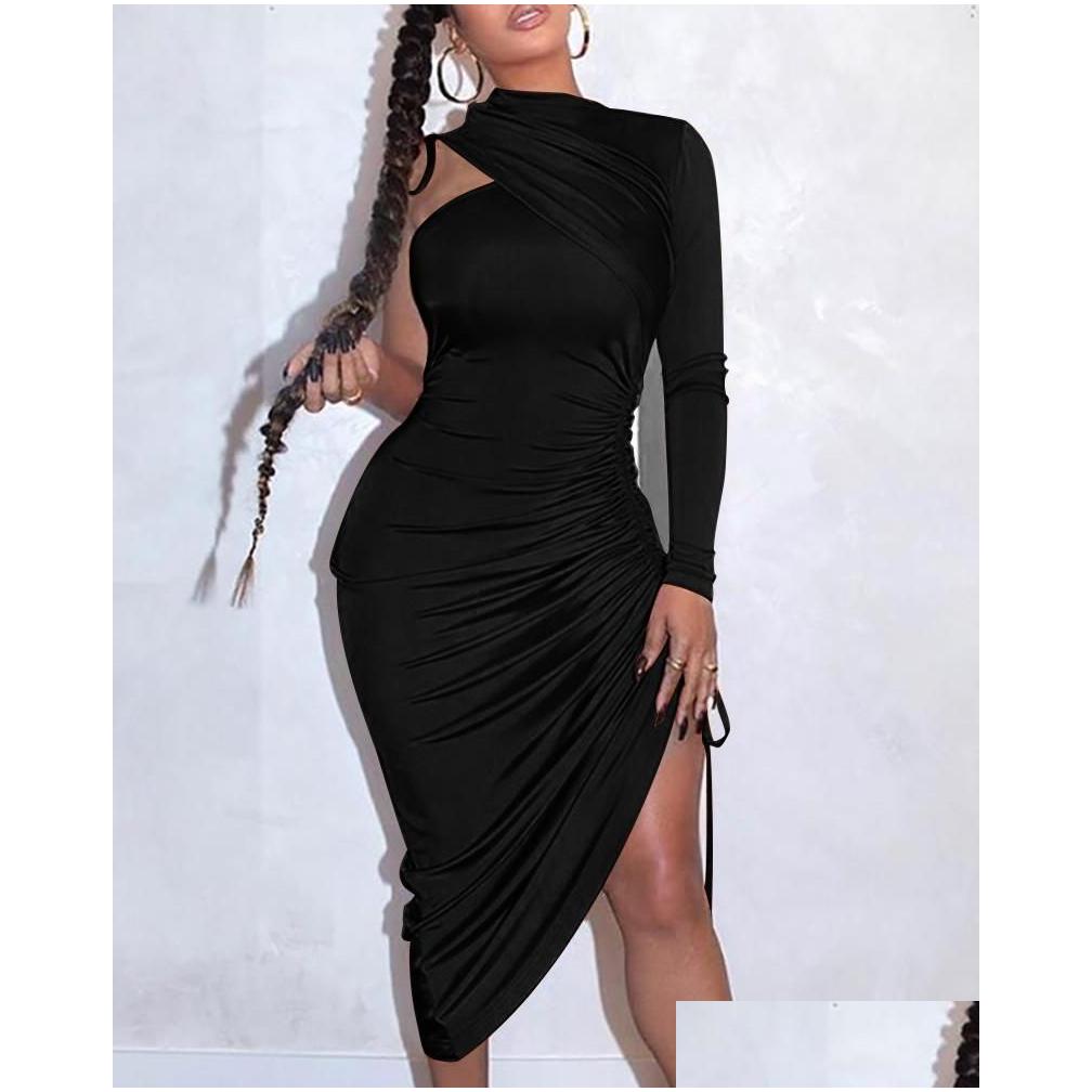 Basic Y One Shoulder Drawstring Ruched Bodycon Dress Women Solid Long Sleeve Midcalf Night Club Drop Delivery Apparel WomenS Cloth Otc7E
