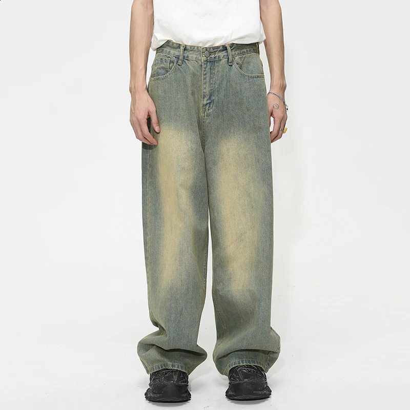 IEFB Vintage Gradient Baggy Jean Trousers Trend Mens Fashion Distressed Y2k Style Personality Wide Leg Casual Denim Pant 9C1149 240911