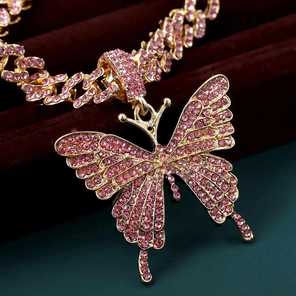 HipHop Pink Blue 9MM Cuban Link Chain Necklace for Women Iced Out Crystal Butterfly Pendant Choker Necklace Fashion Jewelry Gift 240903