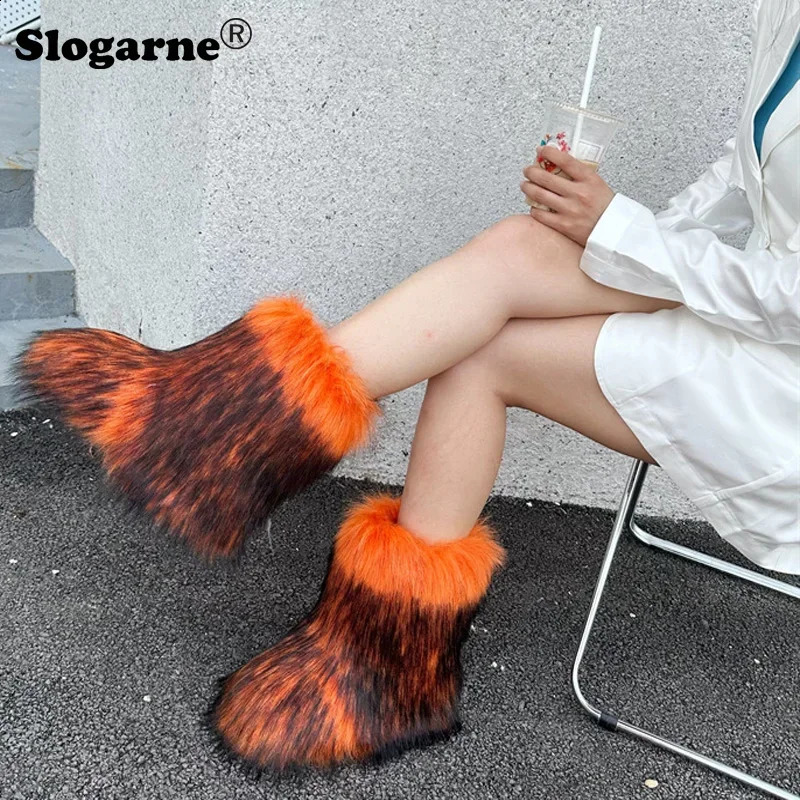 Y2K Fluffy Mid-calf Boots Winter Women Fashion Snow Boots Warm Cotton Shoes Ladies Faux Raccoon Fur Boots Furry Platform Shoes 240910