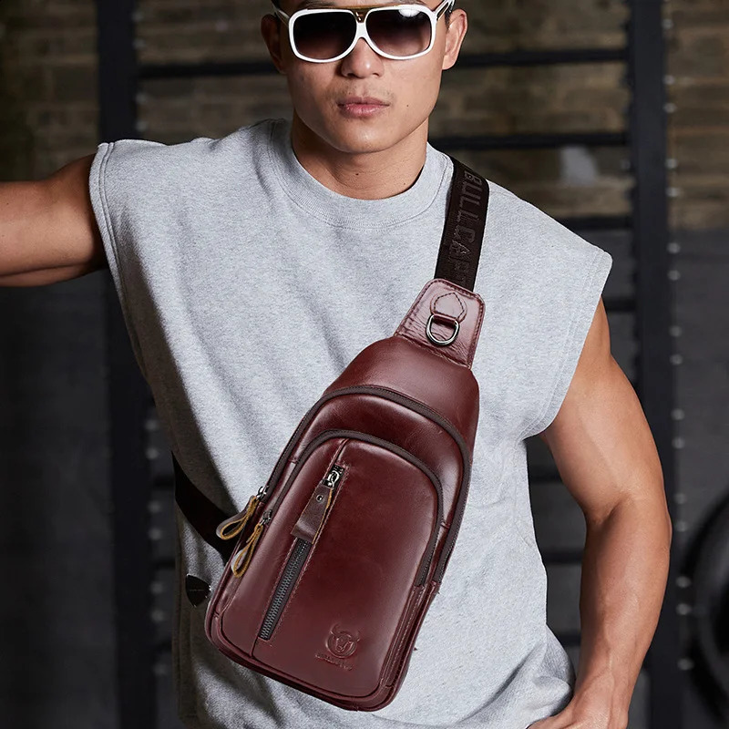 mens leather bag fashionable chest bag large capacity mens shoulder bag outdoor sports cross body bag travel handbag 240907