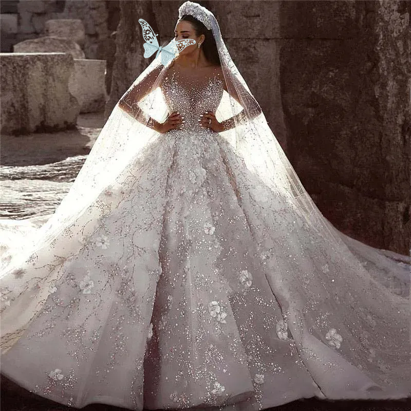 Real Images A Line Wedding Dresses Luxury Dubai Arabic Lace Long Sleeves 3D Flowers Beading Plus Size Vintage Bridal Gowns Custom made