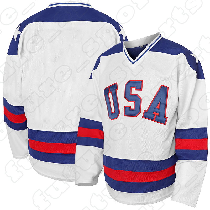 USA White Ice Hockey Jersey 1980 Blank Mens Stars Stitched Letters with Pullover Closure Long Sleeves Adult Hoody