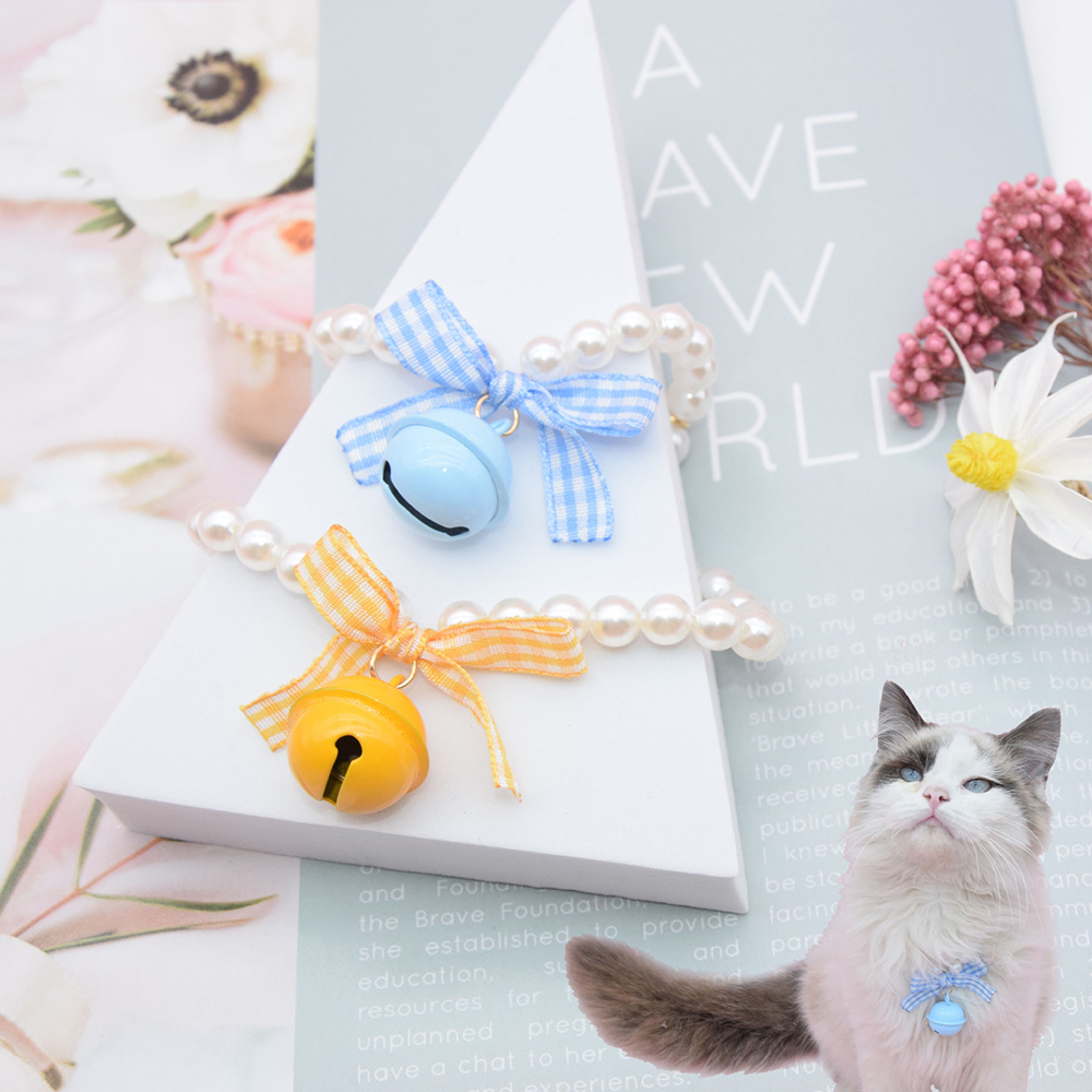 Cat Pearl Necklace,Handwoven Pet Pearl Collar with Bell and Bow Decoration To Prevent Getting Lost Suitable for Puppies and Cats
