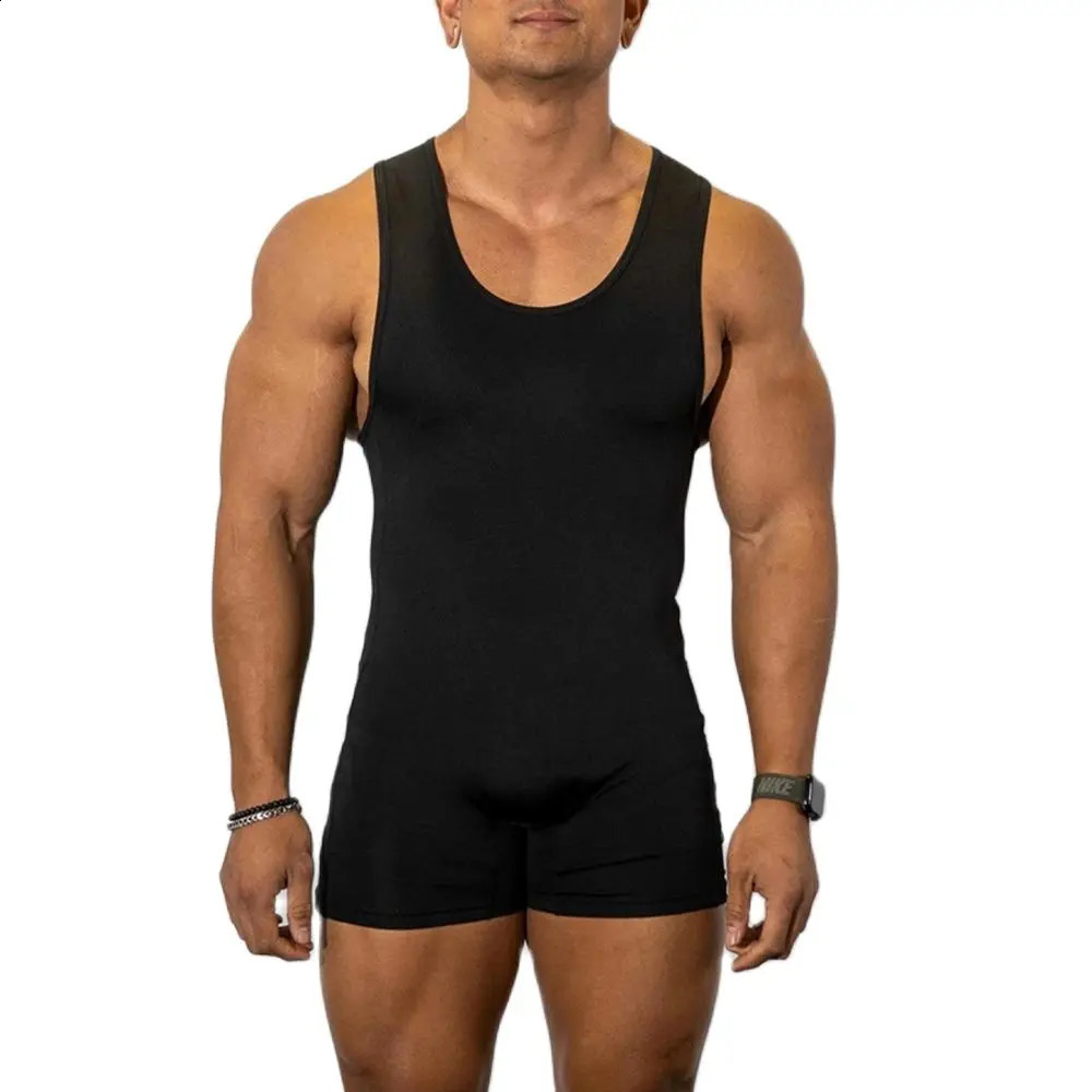 Mens Performance Wrestling Singlets Race Suit Solid Color Sleeveless Boxing Skinsuit Weightlifting Tights Gym Training Clothing 240903