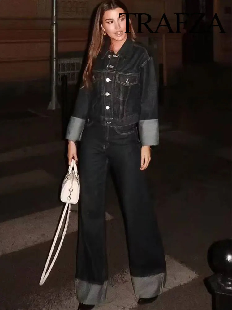 TRAFZA Womens Suit Retro Splicing Singlebreasted Pocket Denim JacketHighwaisted Zippered Wideleg Pants 2piece Set 240910