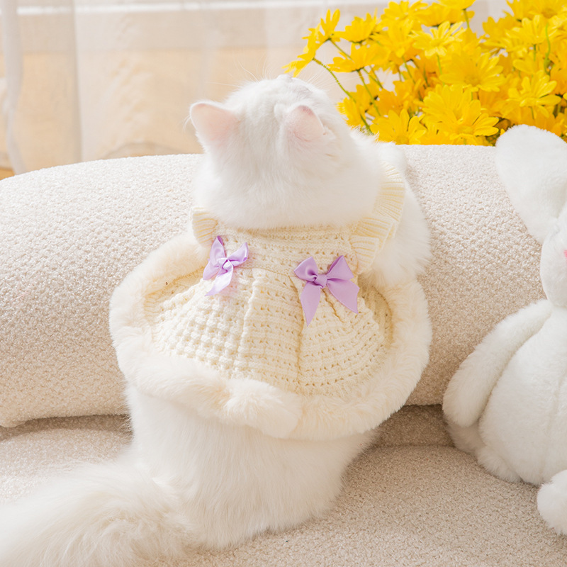 Elegant style bow cat clothing raw edge hollow sweater autumn puppy dress warm pet clothes