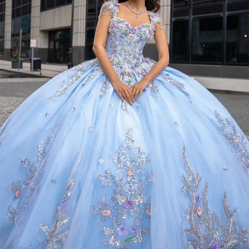 Princess Ball Gown Quinceanera Dresses Off The Shoulder Sequined Applique Lace Beads Crystal Bow Tull Sweet 16 Dress Vestido 15 De