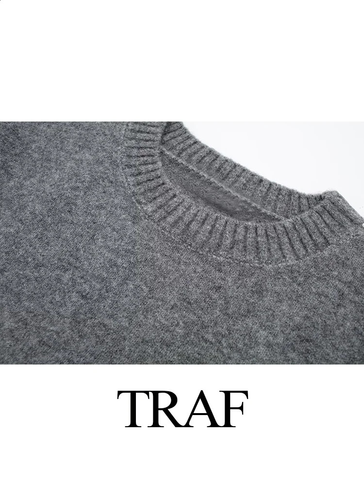 TRAF Autumn Winter Womens Grey Pullover Sweater Womens Long Sleeve Loose Knitted Jumper O-Neck Knitted Oversized Coat 240912