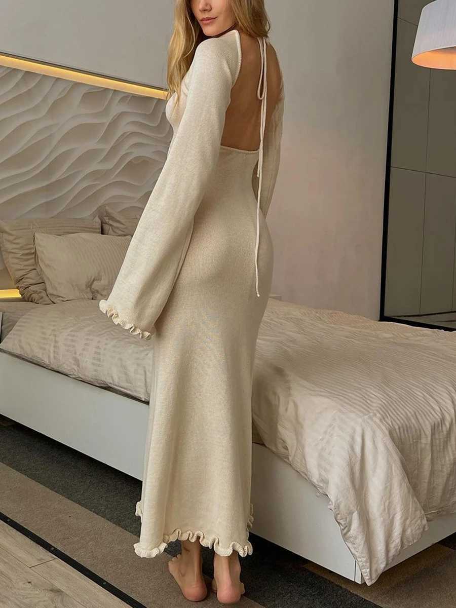 Women Knitted Bodycon Dress Long Sleeve Tie Backless Round Neck Dress Solid Color Ruffle Trim Casual Dresses Fashion New ClothesX240912