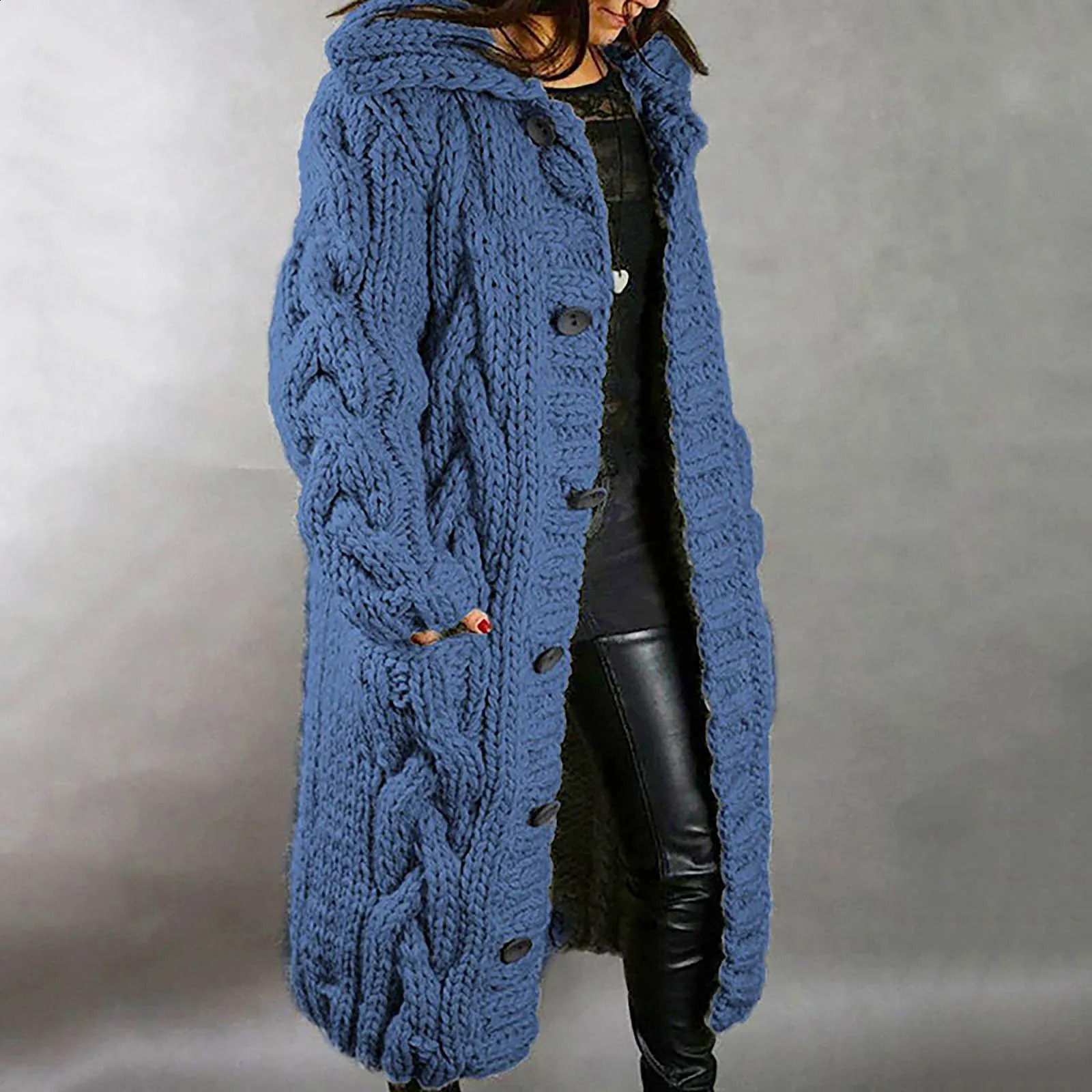 Womens knitted cardigan wool sweater autumn winter womens sweater loose double pocket oversized casual long skirt 240912