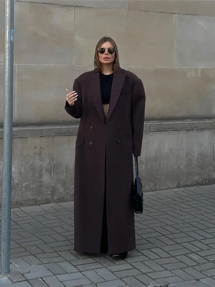 Elegant Double-breasted Padded Shoulder Overcoat Women Lapel Fashion Long Sleeve Casual Coats Fall Winter Lady High Streetwear 240911