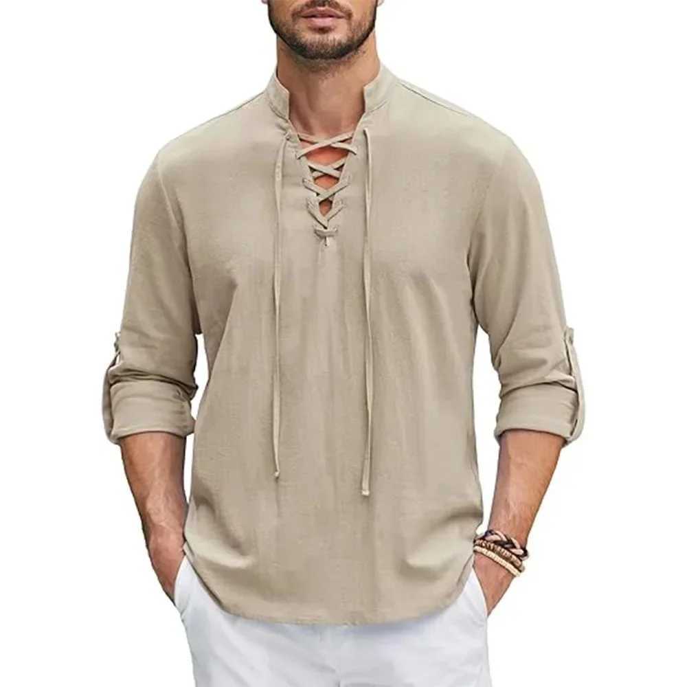 Casual mens Renaissance shirt pirate medieval Viking top cotton linen shirt mens long sleeved Halloween costume mens clothing W240911