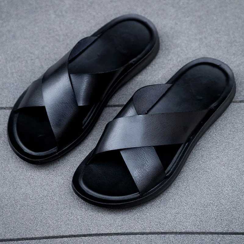 2023 Womens Real Leather Slippers Summer New Black White/red/yellow Cross Over Slippers Mens Leisure Comfort Flat SandalsXJ250311