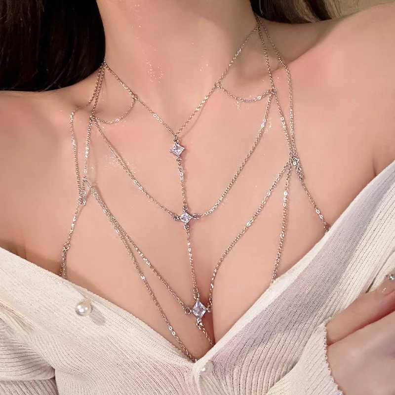 Deluxe square crystal chest chain suitable for Mtilayer silver metal beads zircon body chain sexy beach bikini jewelry gift X250410