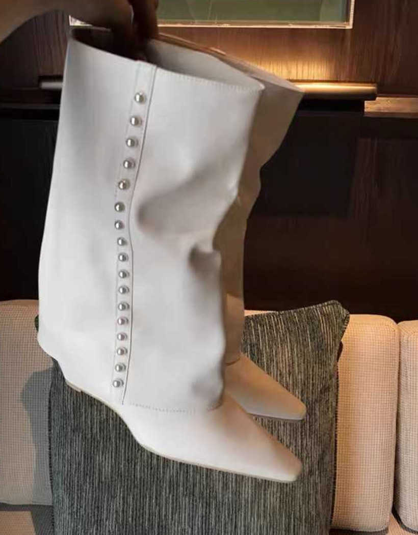 Shining Legs Thin White Martin Boots Mesh Fat Mm Pointed Fashion Boots Slope Heel High Knee Length Boots For Women 240826