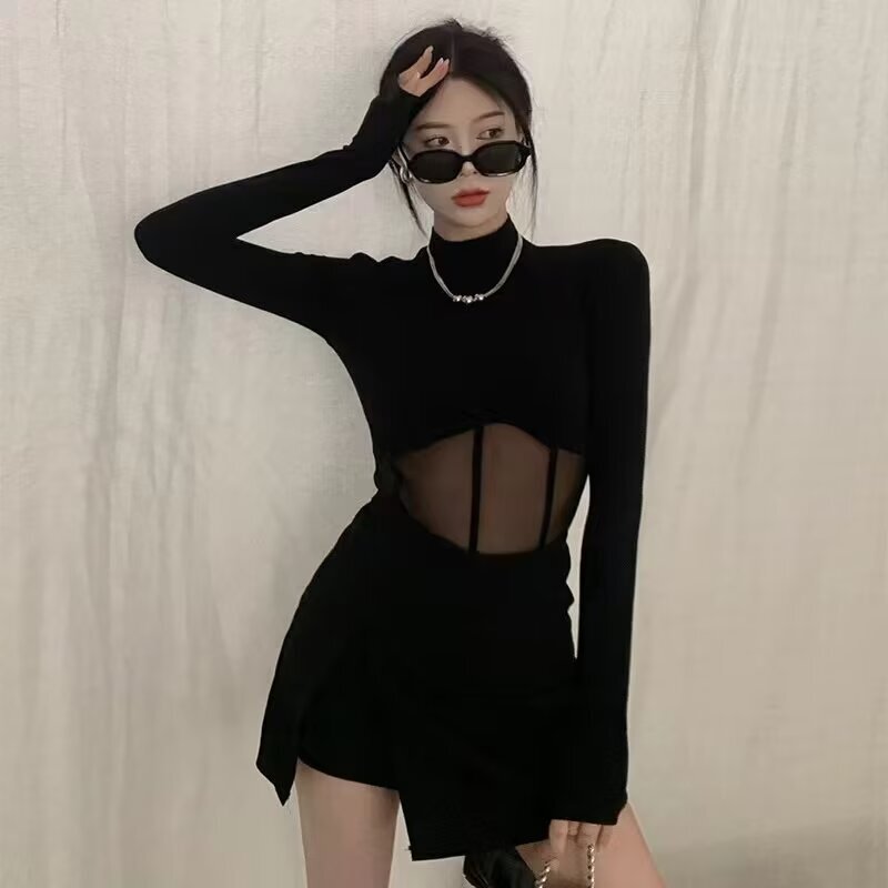 Korean version spicy girl mesh jumpsuit T-shirt for women in spring and summer, black long sleeved half high neck base shirt with short top underneath