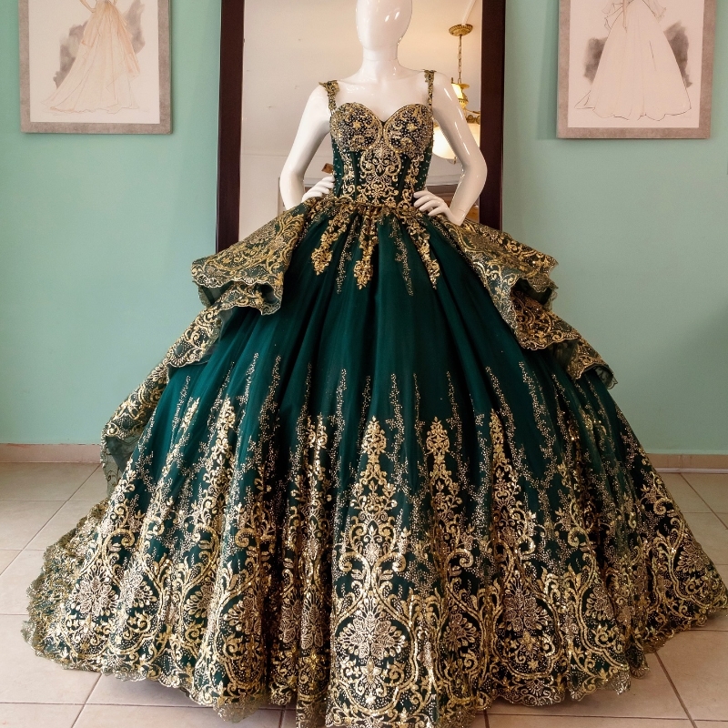 Emerald Green Sparkly Quinceanera Dresses Off Shoulder Gold Applique Lace Corset vestido 15 anos quinceanera lace-up Sweet 16 Gown