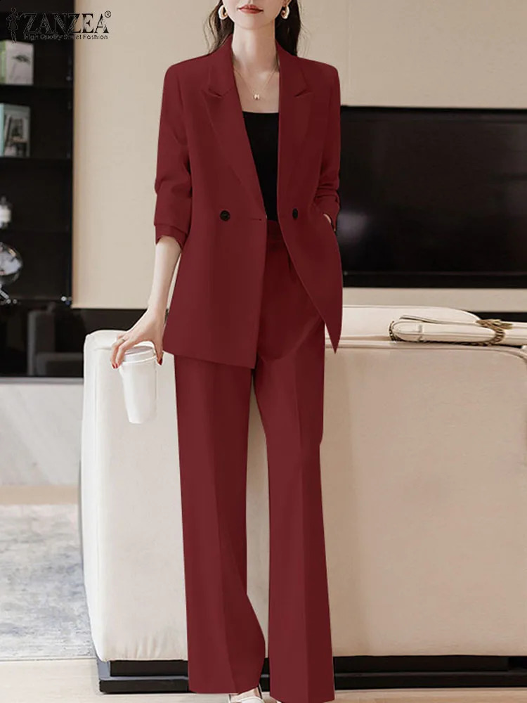 ZANZEA Korean Fashion Blazer Tops 2pcs Suits Autumn 2024 Solid Color Women Elegant Pant Sets Trousers Commute 240905Z