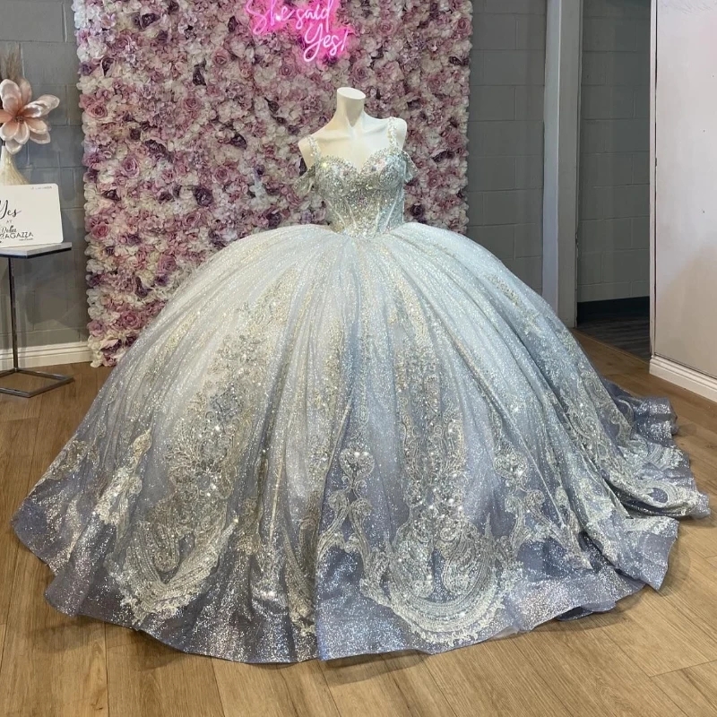 Luxury Silvery Mexican Quinceanera Dressess Off The Shoulder Applique Lace Beads Crystal Tull vestido 15 De Corset Party Birthday Lace Up Swee 16 Dres