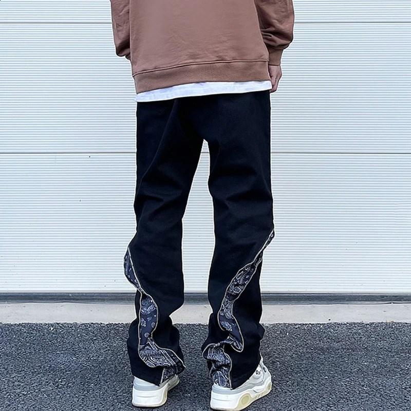 Curve Zipper Cashew Print Patchwork Jeans for Men Straight Black White Y2K Streetwear Casual Baggy Denim Trousers Oversized 240909